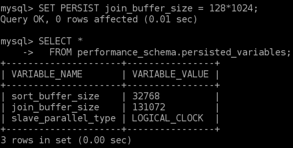 Using SET PERSIST to set a variable and the persisted_variables table in the Performance Schema to get a list of persisted variables.