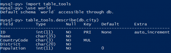 Using a customer table_tools module in MySQL Shell.